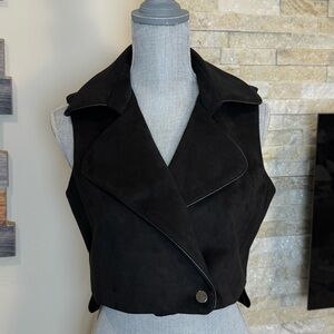 Amirah Black Faux Suede Sleeveless Moto Vest, Asymmetric, Oversized Lapel
